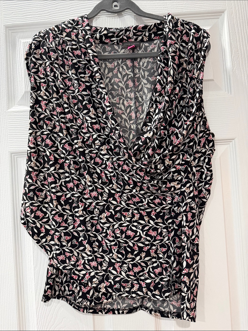 Vince Camuto Black Sleeveless Draped V-Neck Top with Pink and Cream Floral Print